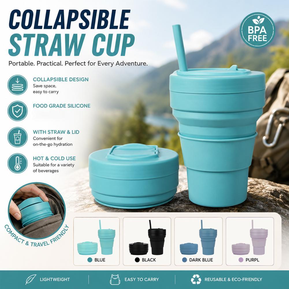 Water Bottle Collapsible - Zusammenklappbare Silikon-Kaffeetasse mit Strohhalm-Deckel 12oz Faltbarer